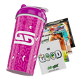 Purple shaker cup with abstract amoeba pattern and white "Gamer Supps" logo on the front