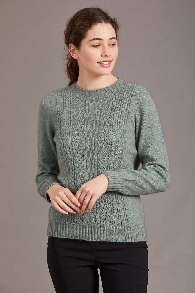 Possum and Merino  6129 Crew Neck Jersey with Lace Detail - The classic crew neck jersey gets a touch of feminine elegance with the delicate lace knit detail on the front. The blend of natural Merino, Possum fur and Silk fibres will ensure the cold never gets in. Hold onto this sumptuous McDonald jersey and don’t let go until the mercury rises.