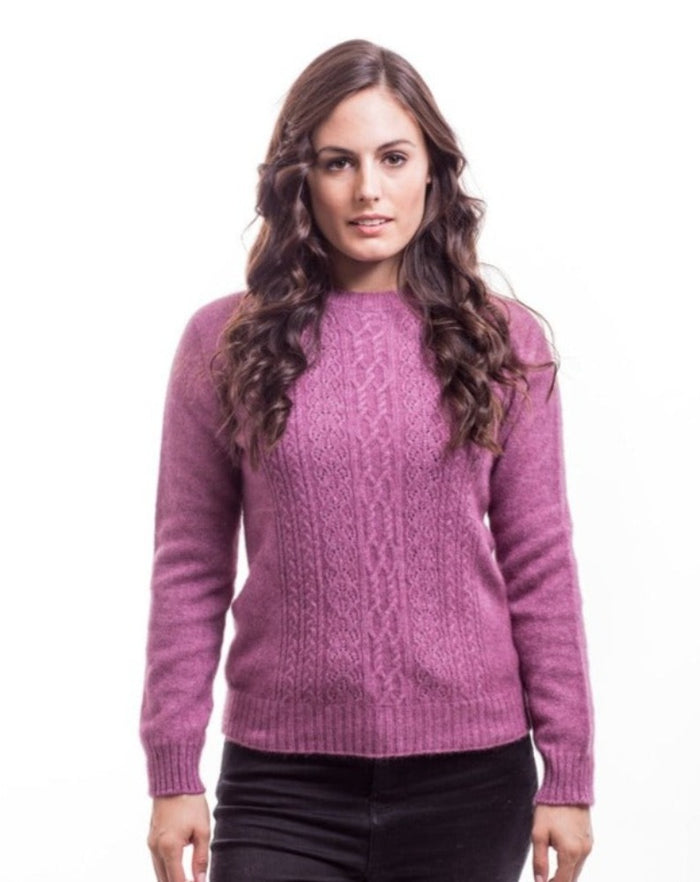 Possum and Merino  6129 Crew Neck Jersey with Lace Detail - The classic crew neck jersey gets a touch of feminine elegance with the delicate lace knit detail on the front. The blend of natural Merino, Possum fur and Silk fibres will ensure the cold never gets in. Hold onto this sumptuous McDonald jersey and don’t let go until the mercury rises.