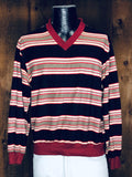 70s JCP Velour Blk/Rd/Gry Stripe Shirt          L