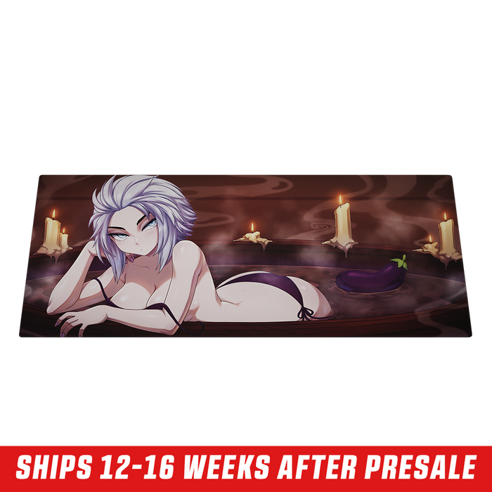 Mouse pad featuring a reclining anime woman with short white hair and lit candles on a dark brown background.