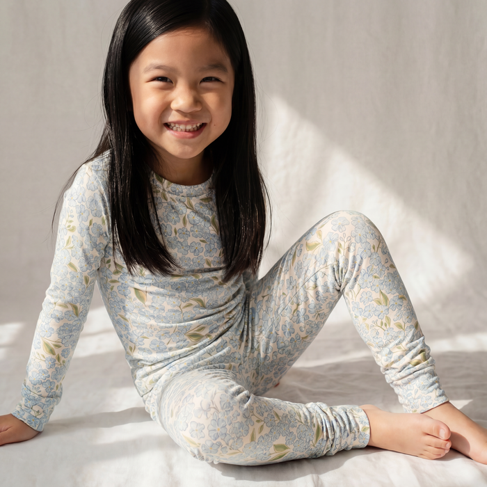Petit Playa Bamboo Classic Pajamas & Play Set in Hydrangea print, soft bamboo pajamas for babies and girls