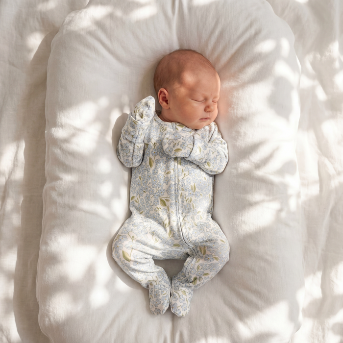 Petit Playa Bamboo Convertible Footie Pajamas & Play in Hydrangea print, soft bamboo pajamas for babies and girls — image 2