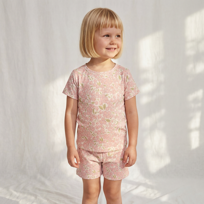 Petit Playa Bamboo Shortie Pajamas & Play Set in Peony print, soft bamboo pajamas for babies and girls — image 4