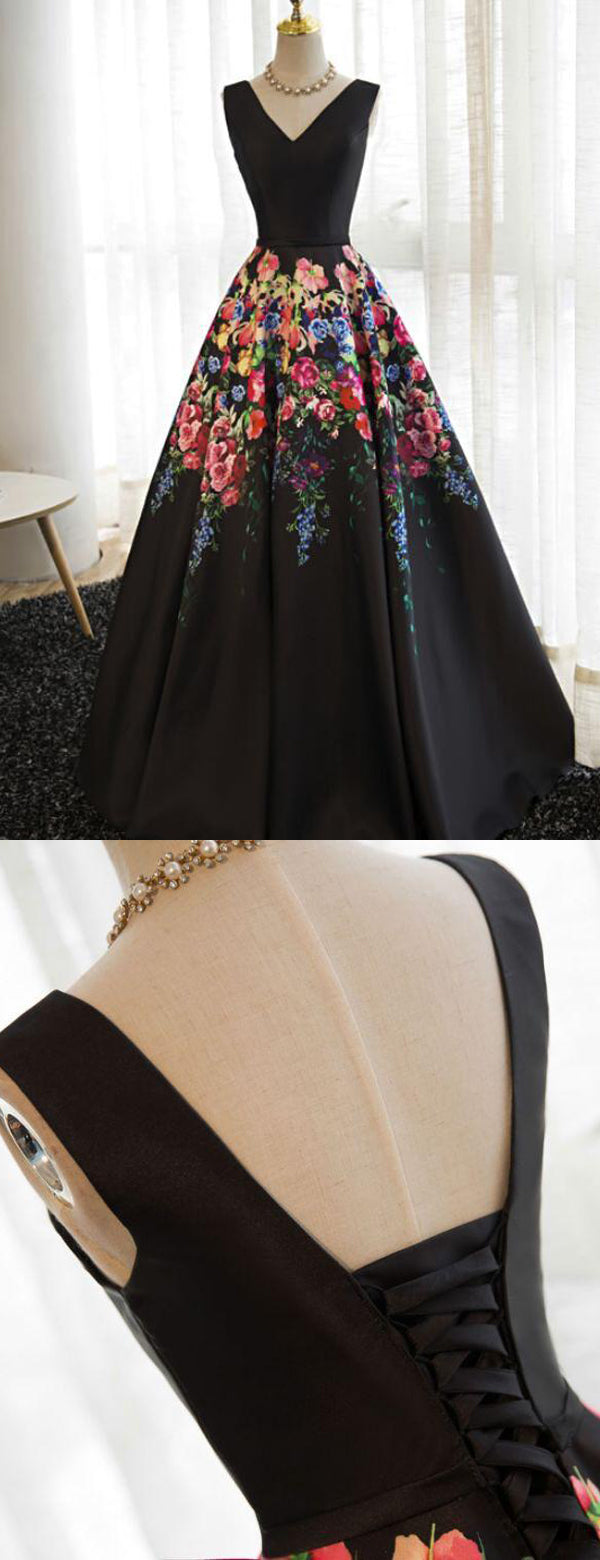 Black Satin Floral Prints Sleeveless Lace Up Back Prom Dresses,PD00295