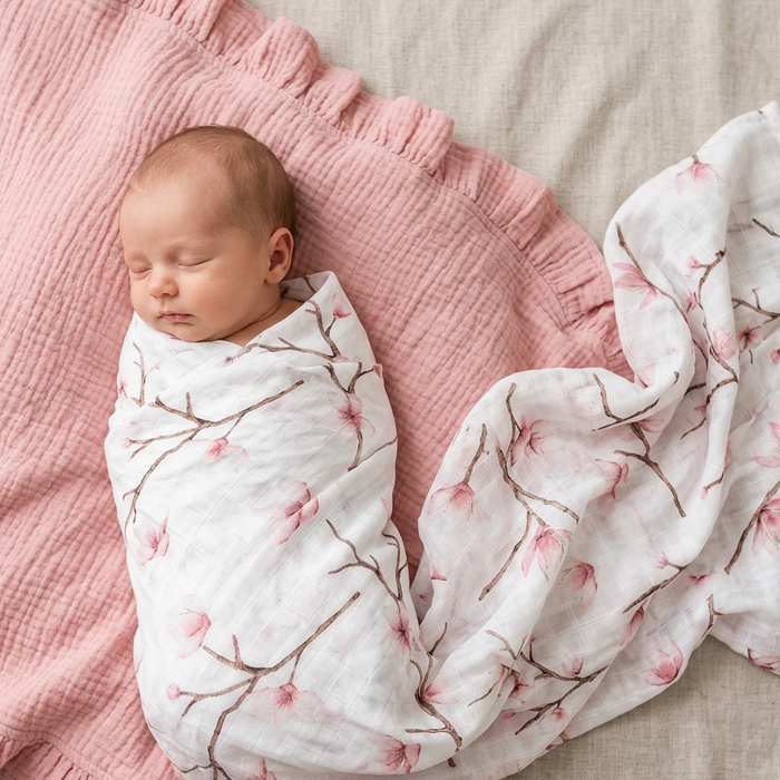 Newborn baby wrapped in a floral blanket on a pink blanket