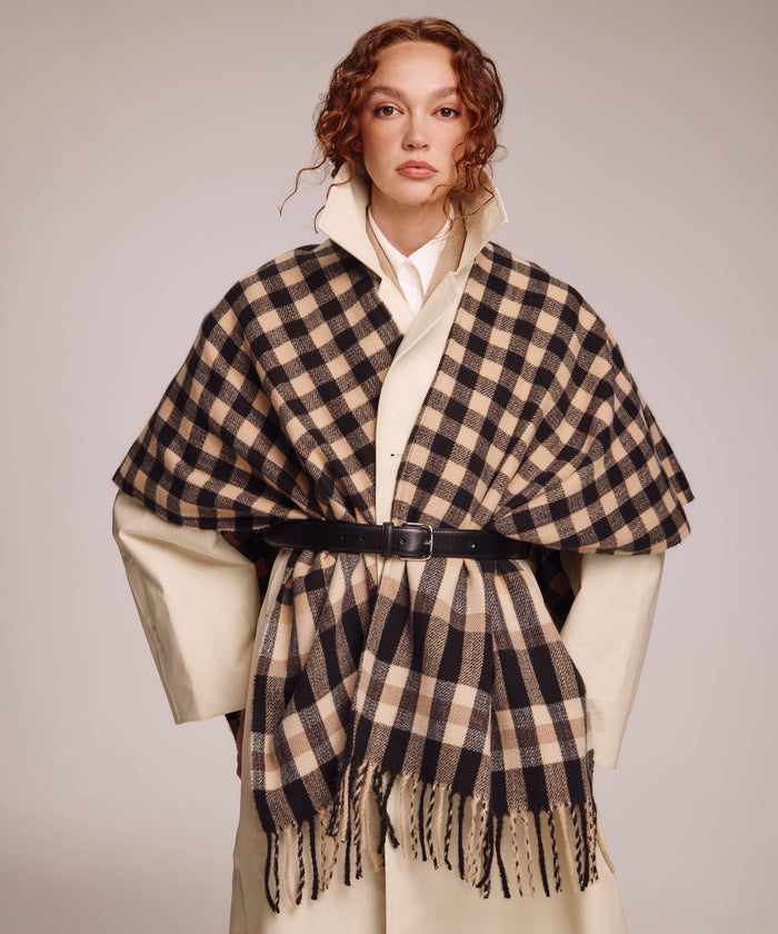 Bordered check ruana in black