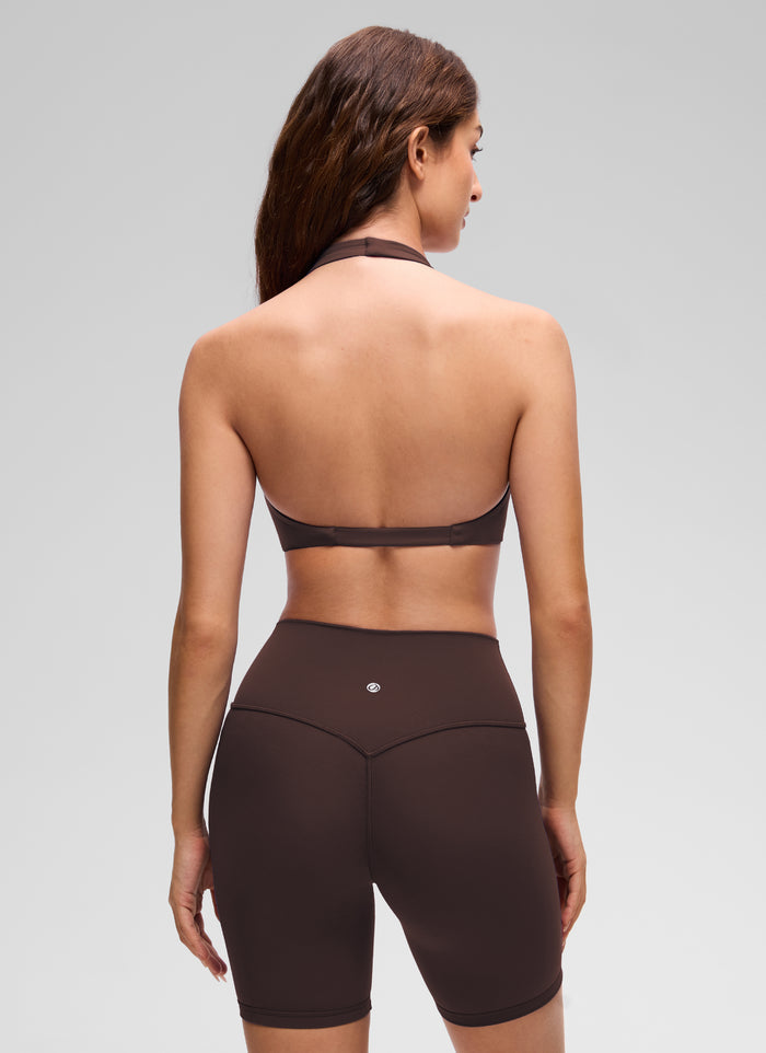 CRZ YOGA Women's Butterluxe Yoga V Neck Crop Double Lined Sports Bra Hot Fudge Brown