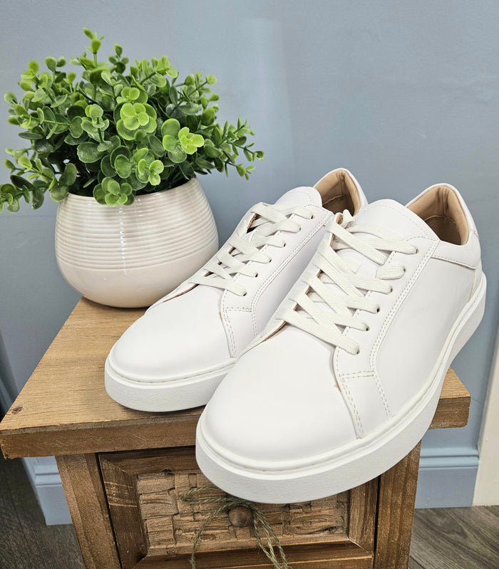 White faux leather sneakers for men.