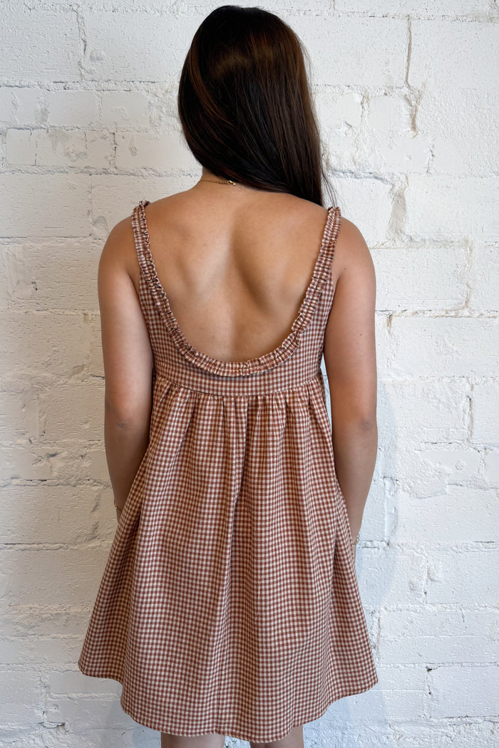 Camilla Gingham Mini Dress Brown Back, adeline boutique, dallas boutique, boutique