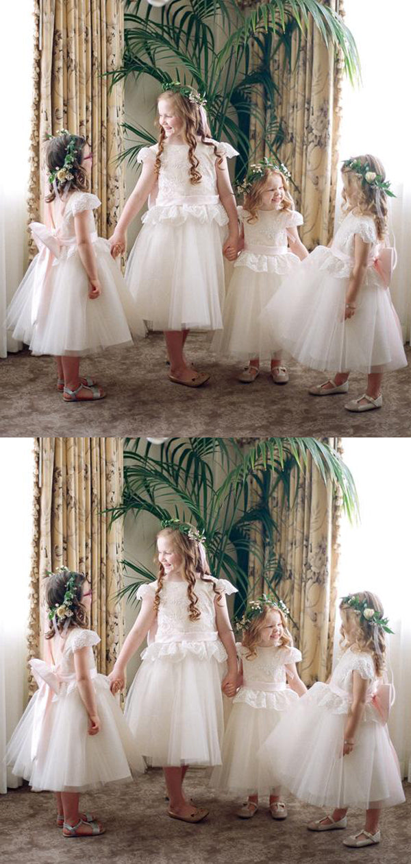 Classic Ivory A-line Tulle Flower Girl Dress with Bow Sash, FGS106