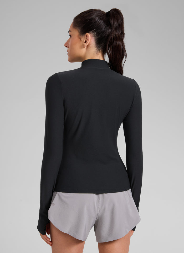 CRZ YOGA Women's Cloudweight Workout Mock Neck Hip Length Long Sleeves Black
