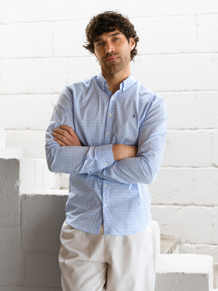 Conrad Long Sleeve Checked Shirt - Light Blue