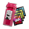 Bright pink shaker cup with anime girl illustration and four colorful GG Energy drink mix packets.
