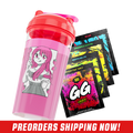 Clear shaker cup with red lid featuring black and white anime-style characters and playful doodles on the side