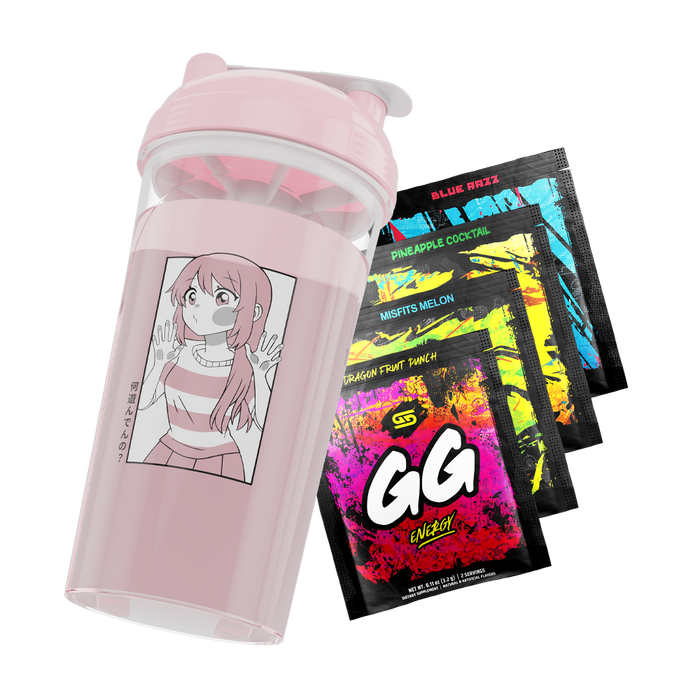 Pink shaker cup with anime girl graphic and four colorful GG Energy drink mix packets in blue, yellow, green, and red.