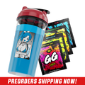 Clear plastic shaker cup with a bold black logo and a glossy red screw-on lid with a black flip cap.