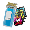 Blue shaker cup with a simple cartoon character and gold lid next to four colorful GG Energy drink mix packets.