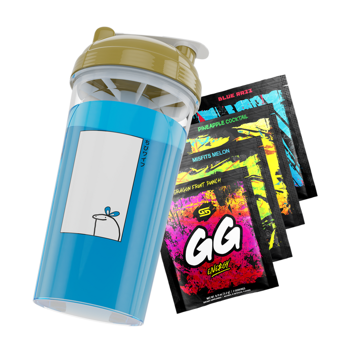 Blue shaker cup with a simple cartoon character and gold lid next to four colorful GG Energy drink mix packets.