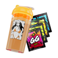 Transparent orange shaker cup with yellow lid featuring anime girl in orange bikini and four colorful energy drink packets