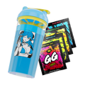 Blue and yellow shaker cup with anime girl holding a gun and four colorful GG Energy drink mix packets.