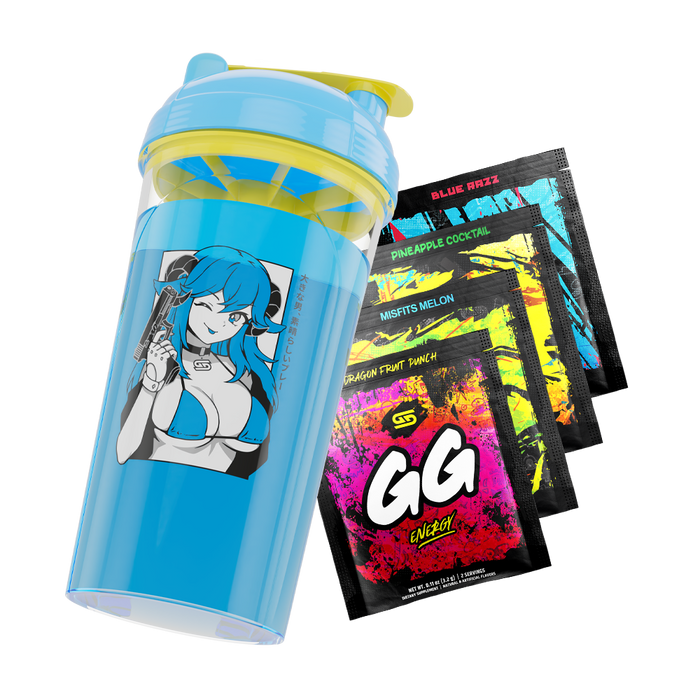 Blue and yellow shaker cup with anime girl holding a gun and four colorful GG Energy drink mix packets.