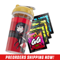 Clear tumbler with gold glitter lid featuring an anime woman with black hair and red accents in a futuristic outfit.