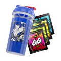 Blue shaker cup with anime girl illustration and four colorful GG Energy drink mix packets in various flavors.