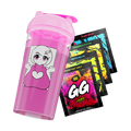 Pink shaker cup with anime girl illustration and four colorful GG Energy drink mix packets in varied flavors.