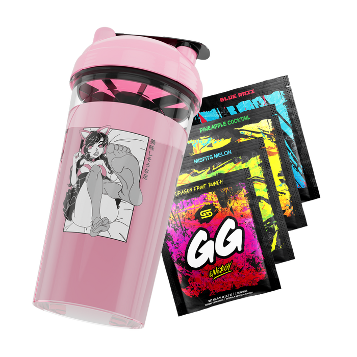 Pink shaker cup with anime girl illustration and four colorful GG Energy drink mix packets.