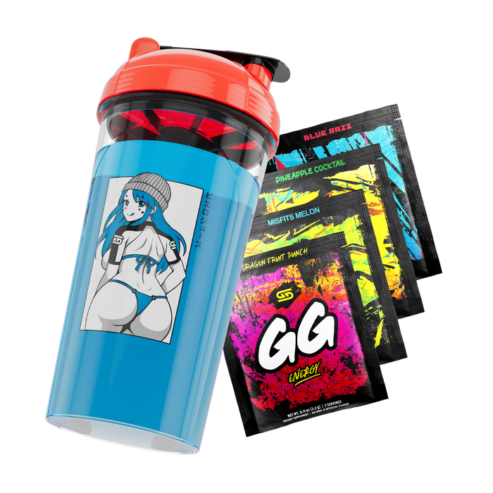 Blue shaker cup with red lid featuring anime girl in blue bikini and four colorful GG Energy drink packets.