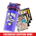 Clear shaker cup with a purple lid, red flip cap, and black stylized logo on the side.