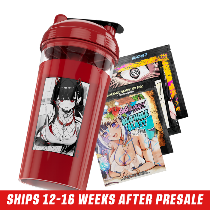 Clear shaker bottle with a red lid featuring an anime girl in fishnet stockings and black outfit on the side.