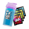 Blue shaker cup with purple lid featuring anime girl with blue hair and fishnet top, next to colorful energy packets.