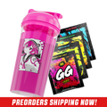 Bright pink shaker cup with anime girl graphic and four colorful GG Energy drink mix packets behind it.