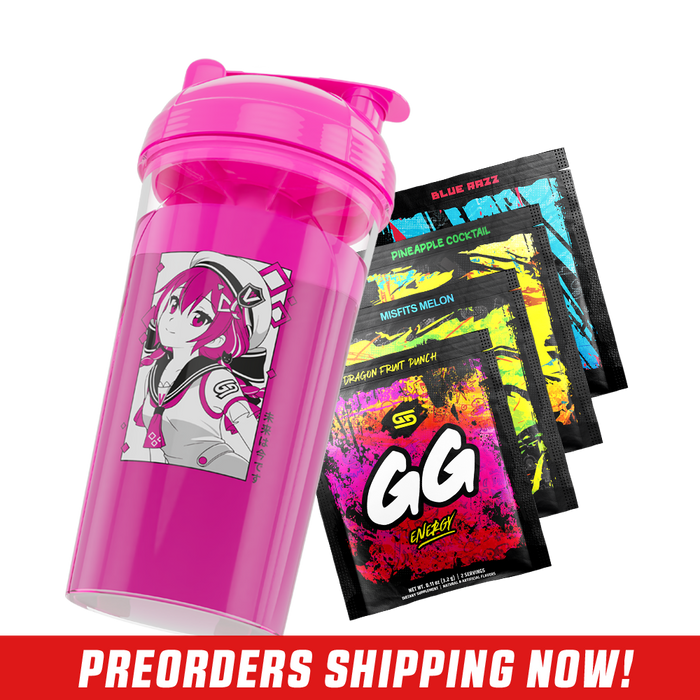 Bright pink shaker cup with anime girl graphic and four colorful GG Energy drink mix packets behind it.