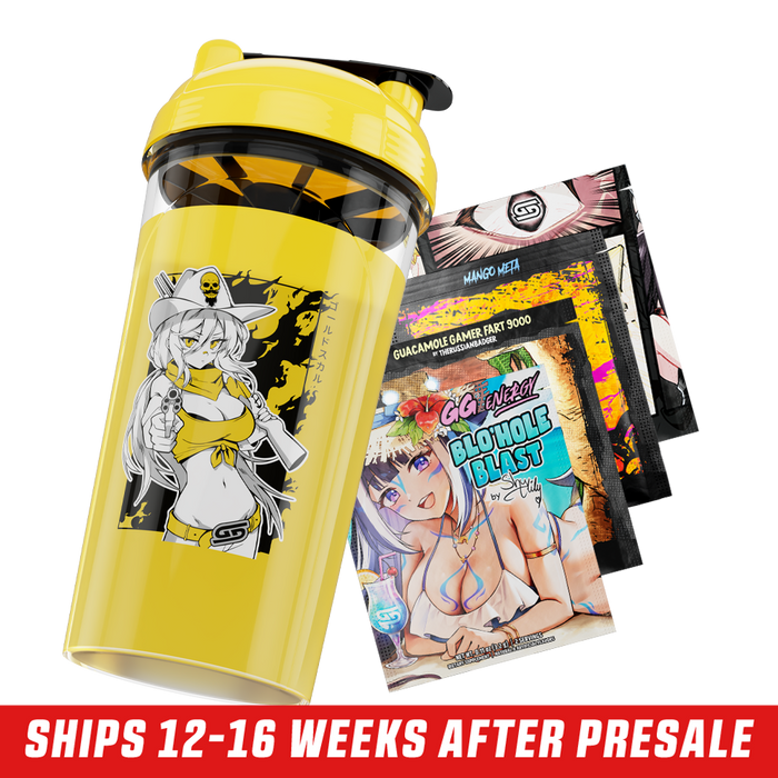 Clear shaker cup with a yellow lid and black and white intertwined GD logo on the side