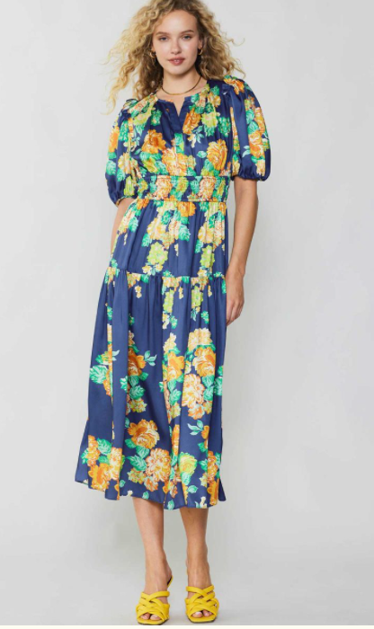 Current Air 1/4 Sleeve Split Neck Midi Dress