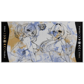 Blue and beige tie-dye beach towel with black outlines of two anime girls in swimsuits and celestial symbols on sides.