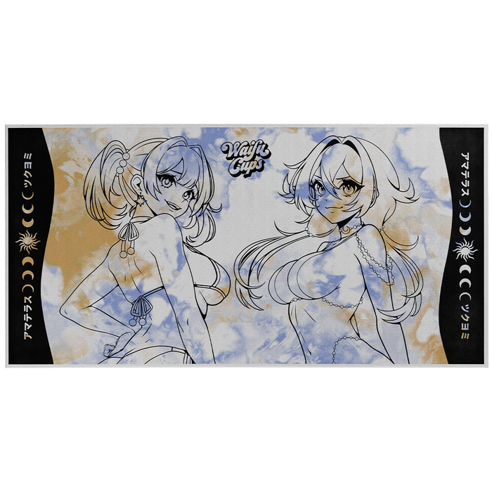 Blue and beige tie-dye beach towel with black outlines of two anime girls in swimsuits and celestial symbols on sides.