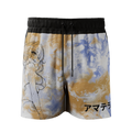 3XL mesh shorts with blue and tan tie-dye, black panel with sun and moon phases, and anime-style character outline.