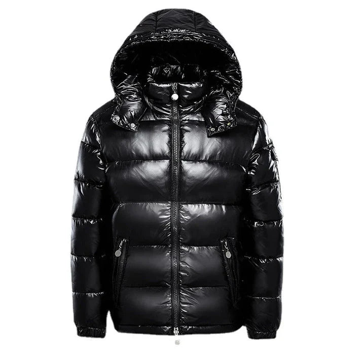 Doudoune Noire Brillante à Capuche