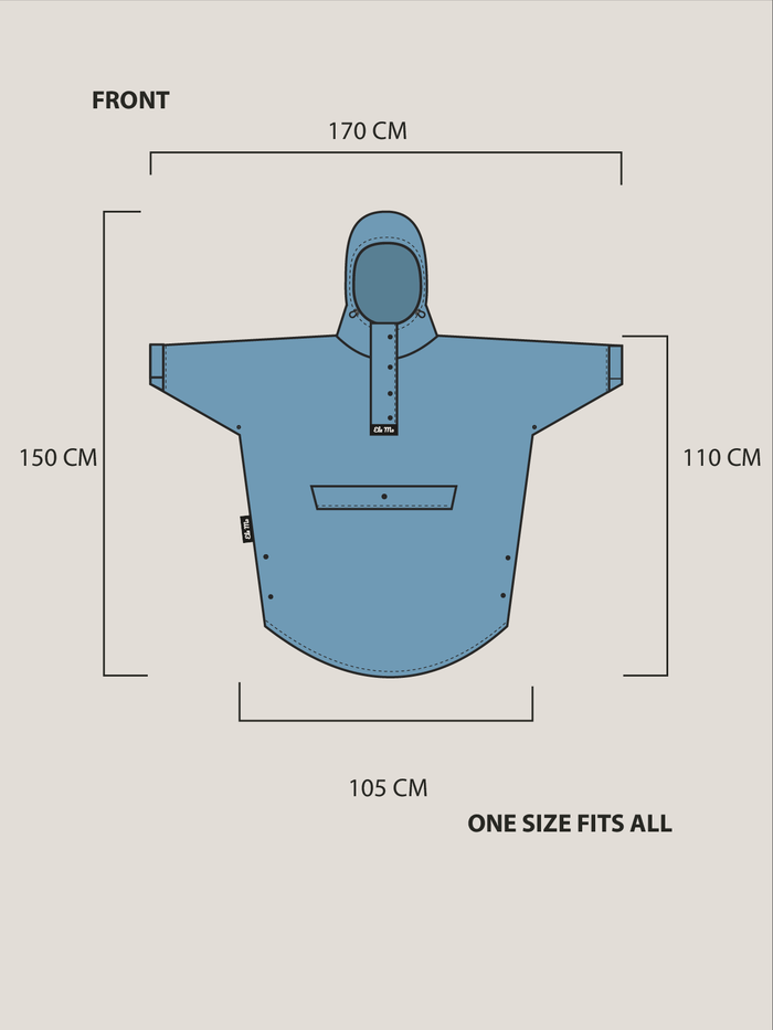 Ela Mo™ Regenponcho | Leo. Beschreibung sowie Produktangaben zur Länge und Höhe der Vorderseite.