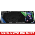 Rectangular mouse pad with anime character in blue hair and cat ears wearing glasses on black background.