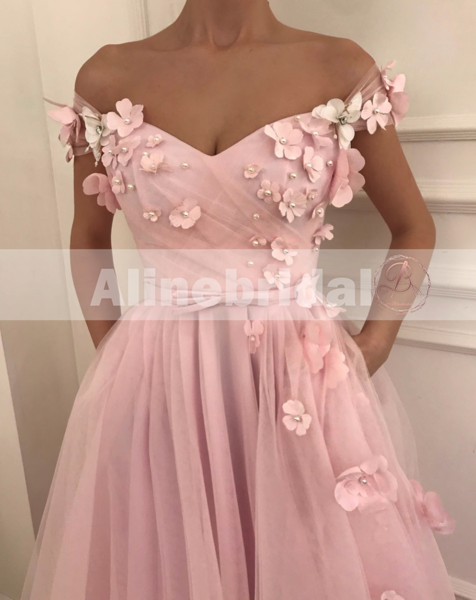 Elegant 3-D Floral Appliques Pink A-line Tulle Prom Dress, Evening Dress, PD00100