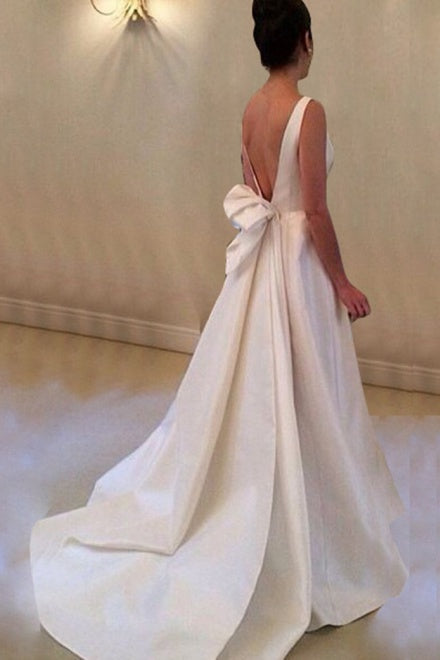 Elegant Satin Bateau A-Line Wedding Dress with Back Bow, WD0113