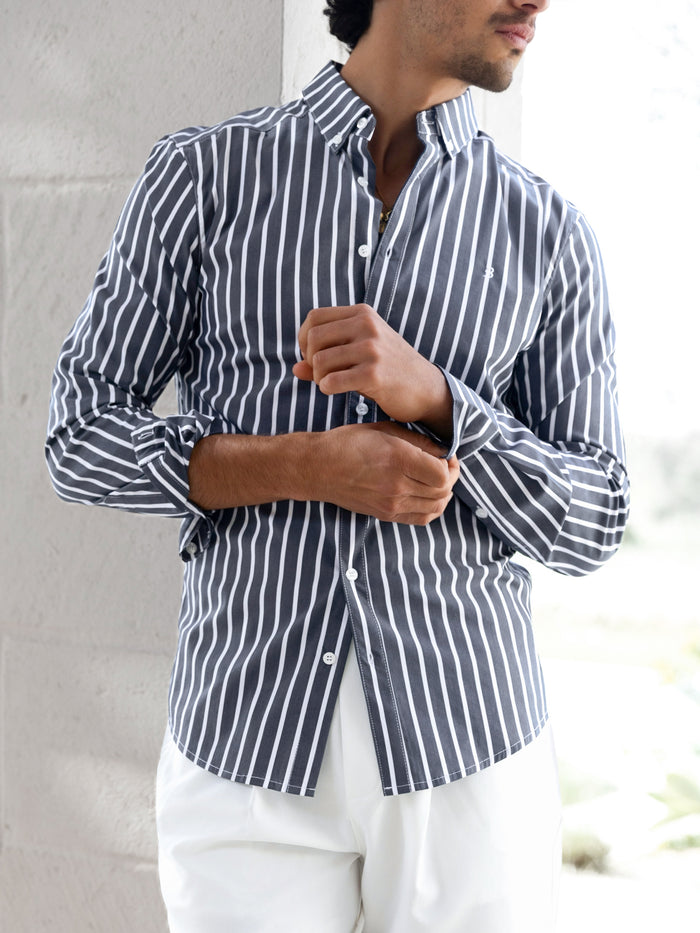Elias Long Sleeve Stripe Shirt - Navy