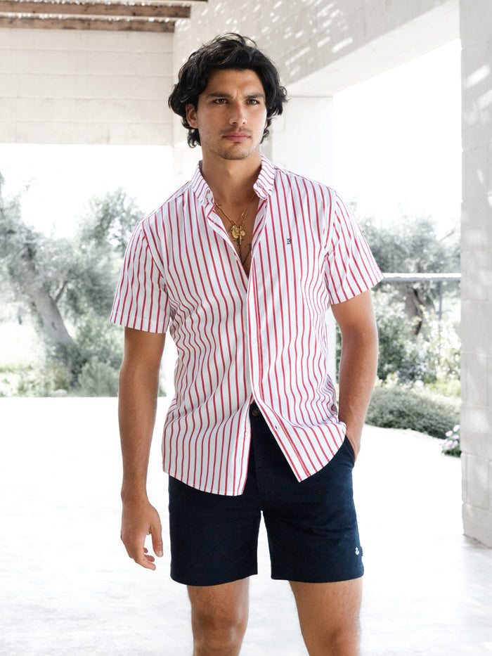 Elias Short Sleeve Stripe Shirt - White & Red