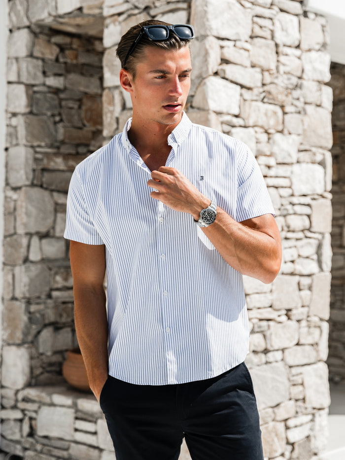 Ezra Short Sleeve Boxy Stripe Shirt - White & Blue
