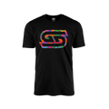 Black tee with a large colorful graffiti-style stylized "GS" logo centered on the chest.